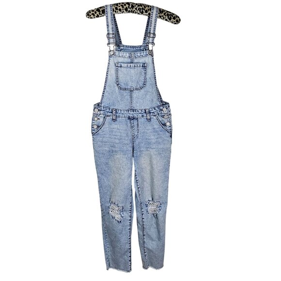 Sonoma Distressed Acid Wash Denim Overalls Girl 14 Lace Knee Patch Raw Hem Retro - Picture 1 of 9